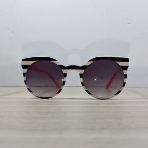 Round Striped Sunglasses Black White Frame Pink Arms Retro Fashion
